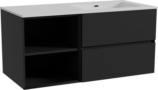 Storke Edge meuble salle de bains suspendu 110 x 52 cm noir mat avec Diva plan vasque asymétrique à droite en marbre composite blanc brillant