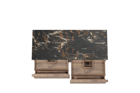 Balmani Forma hängendes Möbelstück Set: 135 x 55 cm, Amerikanischer Nussbaum, mit Stretto Einzel- oder Doppel Waschtischplatte, Marmor, Portoro Gold, Horizontale symmetrische gerade Rippe