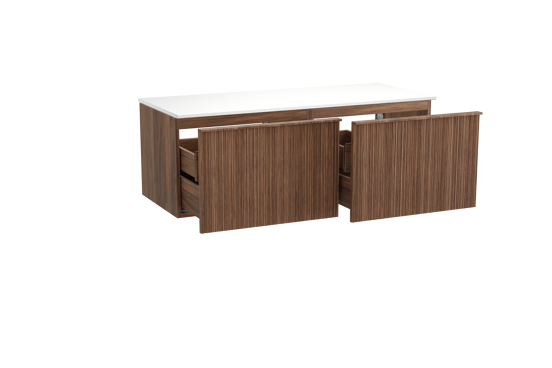 Balmani Forma hängendes Möbelstück Set: 135 x 55 cm, Amerikanischer Nussbaum, mit Stretto Einzel- oder Doppel Waschtischplatte, Solid Surface, Weiß matt, Vertikale asymmetrische Runde Rippe