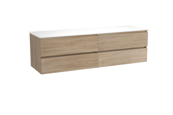 Balmani Lucida zwevend badkamermeubel 180 x 55 cm verweerde eik met Stretto enkel of dubbel tablet in solid surface mat wit