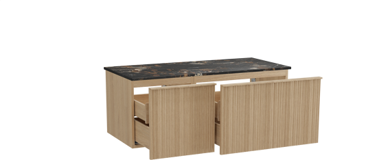 Balmani Forma zwevend badmeubel 120 x 55 cm naturel eiken met Stretto enkel wastafelblad in marmer portoro gold, Verticale asymmetrische ronde ribbel