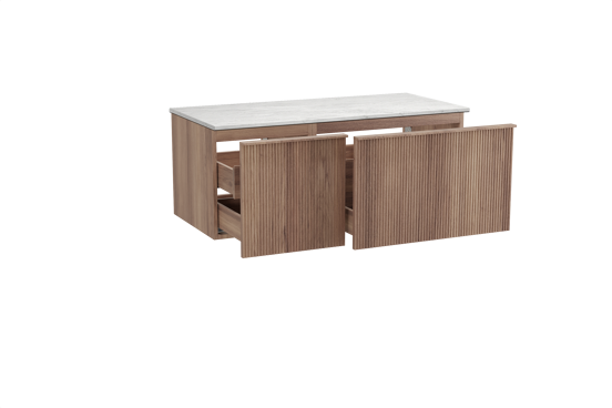 Balmani Forma zwevend badmeubel 120 x 55 cm teakhout met Stretto enkel of dubbel wastafelblad in marmer carrara, Verticale symmetrische rechte ribbel