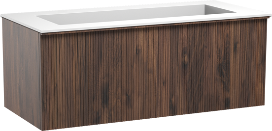 Balmani Forma zwevend badkamermeubel 120 x 55 cm amerikaanse notelaar met Tablo Stretto enkele wastafel voor 2 kraangaten in solid surface mat wit, Verticale symmetrische rechte ribbel