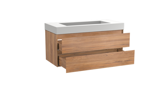 Balmani Mitra meuble salle de bains suspendu 120 x 55 cm teck avec Modus lavabo simple pour 2 trous de robinet en solid surface blanc mat