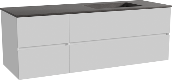 Storke Edge zwevend badmeubel 150 x 52 cm hoogglans wit met Scuro asymmetrisch rechtse wastafel in kwarts mat zwart