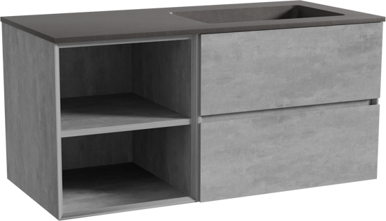 Storke Edge zwevend badmeubel 110 x 52 cm beton donkergrijs met Scuro asymmetrisch rechtse wastafel in kwarts mat zwart