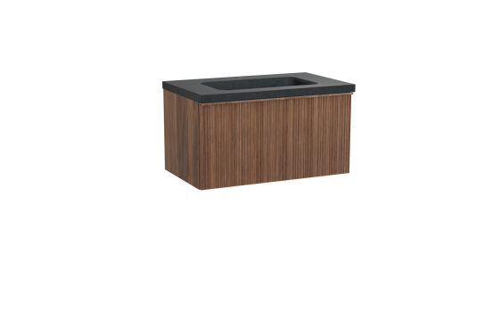 Balmani Forma hängendes Möbelstück Set: 90 x 55 cm, Amerikanischer Nussbaum, mit Napoli Einzelwaschtisch, Granit, Schwarzes Granit, Vertikale asymmetrische Runde Rippe