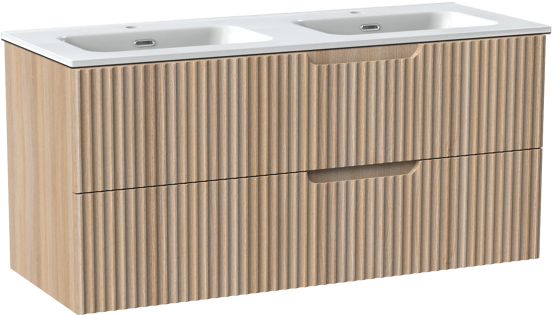 Linie Ribbo meuble salle de bains suspendu 120 x 46 cm chêne clair avec Baro double vasque en porcelaine blanc brillant, Nervure circulaire symétrique verticale