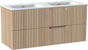 Linie Ribbo hängendes Möbelstück Set: 120 x 46 cm, Helle Eiche, mit Baro Doppelwaschtisch, Porzellan, Weiß glänzend, Vertikale symmetrische runde Rippe