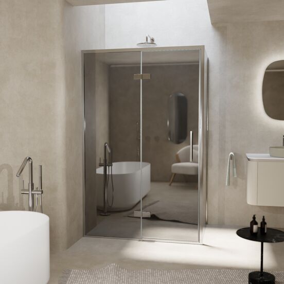 Balmani Senses Design douchehoek met linkse draaideur en vaste zijwand, 120 x 100 cm, Reflex spiegelglas, Chroom profielen, met coating