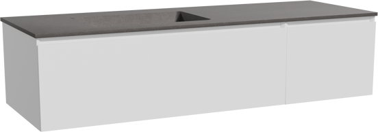 Storke Edge zwevend badmeubel 150 x 52 cm mat wit met Scuro asymmetrisch linkse wastafel in kwarts mat zwart