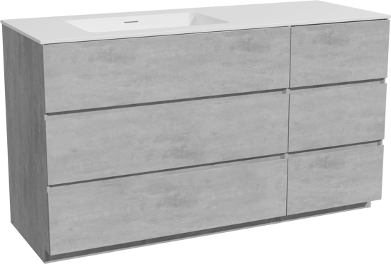 Storke Edge meuble salle de bains à poser 140 x 52 cm béton gris foncé avec Mata plan vasque asymétrique à gauche en solid surface blanc mat