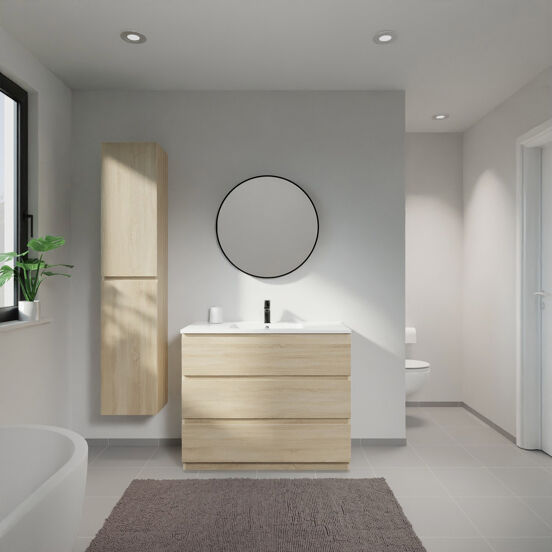 Linie Lado staand badmeubel 100 x 46 cm wit eiken met Vano enkele wastafel in composietmarmer hoogglans wit