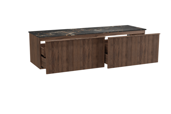 Balmani Forma zwevend badkamermeubel 180 x 55 cm amerikaanse notelaar met Stretto enkel of dubbel tablet in marmer portoro gold, Verticale symmetrische rechte ribbel