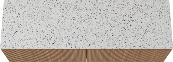 Balmani Eclips hängendes Möbelstück Set: 180 x 55 cm, Teak, mit Stretto Einzel- oder Doppel Waschtischplatte Bianco Nero Terrazzo, Vertikale symmetrische gerade Rippe