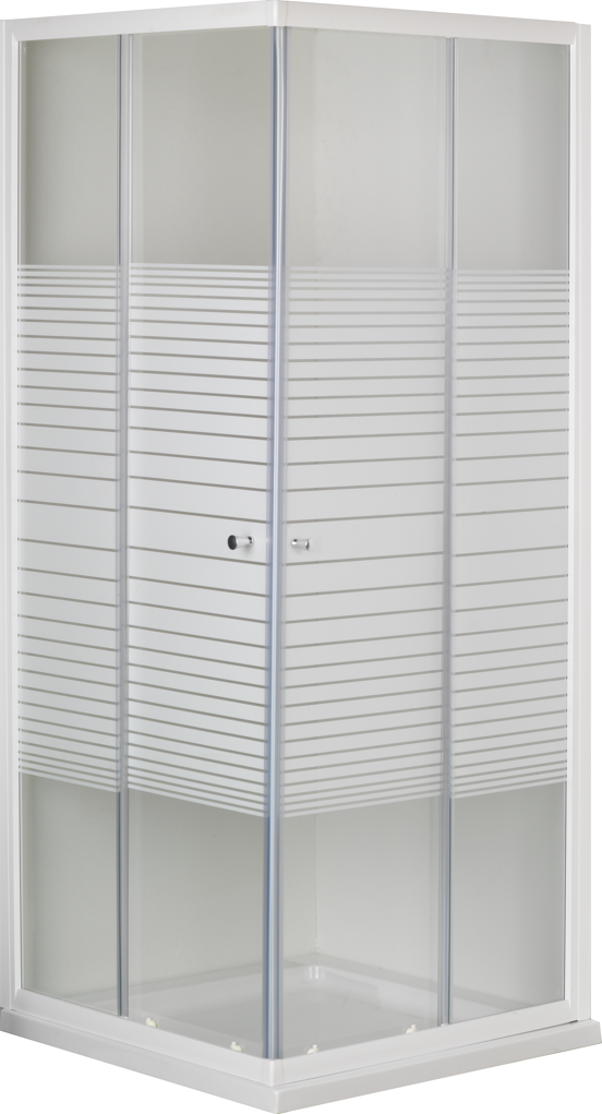 Linie Tarifa douchecabine met hoekinstap en 2 schuifdeuren 90 x 90 cm gestreept glas glans wit profiel