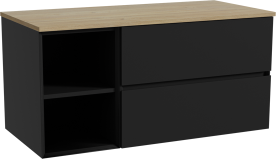 Storke Edge zwevend badkamermeubel 110 x 52 cm mat zwart met Panton enkel tablet in melamine ruwe eik