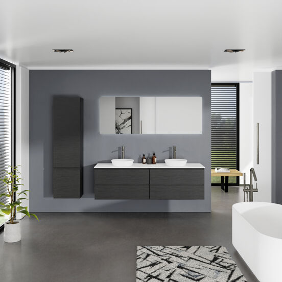 Balmani Lucida meuble salle de bains suspendu 180 x 55 cm chêne noir avec Stretto tablette simple ou double en solid surface blanc mat