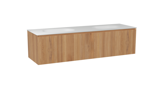 Balmani Idra zwevend badkamermeubel 180 x 55 cm teak met Tablo Oval dubbele wastafel in solid surface mat wit