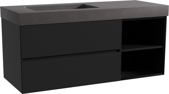 Storke Edge meuble salle de bains suspendu 130 x 52 cm noir mat avec Scuro High plan vasque asymétrique à gauche en quartz noir mat
