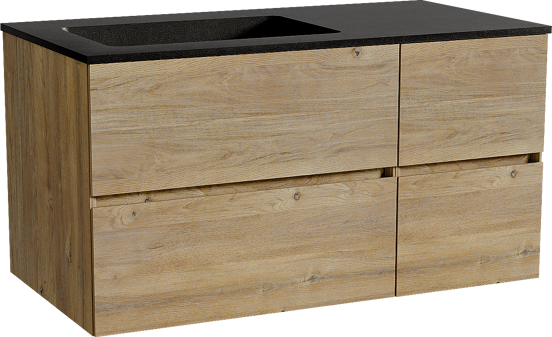 Storke Edge zwevend badmeubel 100 x 52 cm ruw eiken met Scuro asymmetrisch linkse wastafel in kwarts mat zwart