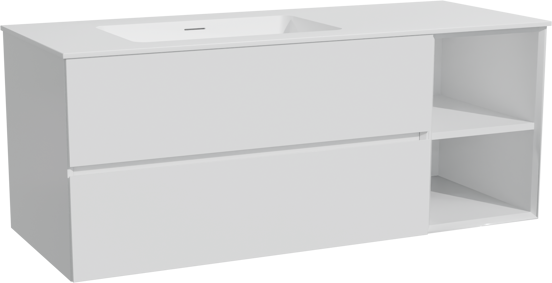 Storke Edge meuble salle de bains suspendu 130 x 52 cm blanc brillant avec Mata plan vasque asymétrique à gauche en solid surface blanc mat