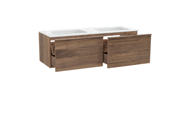 Balmani Forma zwevend badkamermeubel 150 x 55 cm amerikaanse notelaar met Tablo Strada dubbele wastafel in composietmarmer glanzend wit, Horizontale symmetrische rechte ribbel