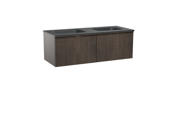 Balmani Forma meuble salle de bains suspendu 135 x 55 cm chêne fumé avec Tablo Arcato double vasque en granit noir, Nervure droite symétrique verticale