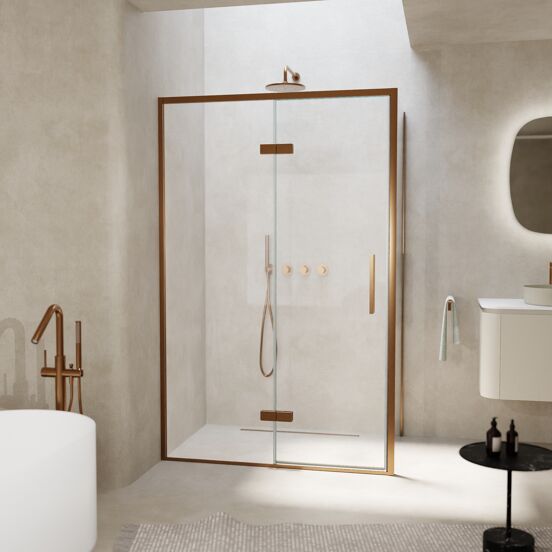 Balmani Senses Design douchehoek met linkse draaideur en vaste zijwand, 120 x 100 cm, Helder glas, Brushed Rosegold profielen, met coating