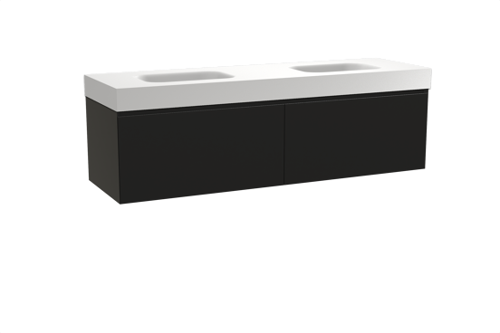 Balmani Idra zwevend badkamermeubel 180 x 55 cm mat zwart met Arcato dubbele wastafel in solid surface mat wit