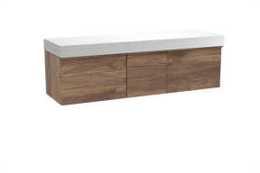 Balmani Forma zwevend badkamermeubel 180 x 55 cm amerikaanse notelaar met Dominus enkel of dubbel tablet in solid surface mat wit, Horizontale symmetrische rechte ribbel