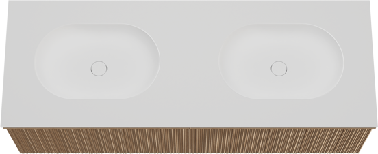 Balmani Forma zwevend badkamermeubel 150 x 55 cm natuur eik met Tablo Oval dubbele wastafel in solid surface mat wit, Verticale asymmetrische ronde ribbel