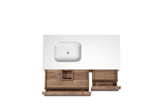 Balmani Forma zwevend badmeubel 120 x 55 cm amerikaans notenhout met Tablo Arcato asymmetrisch linkse wastafel in solid surface mat wit, Verticale asymmetrische ronde ribbel