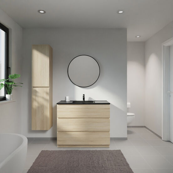 Linie Lado staand badmeubel 100 x 46 cm wit eiken met Vano enkele wastafel in composietmarmer mat zwart
