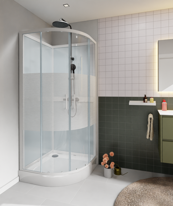 Luca Varess Talan kwartronde douchecabine met schuifdeuren 90 x 90 cm helder glas met mat gestreepte strook glanzend wit profiel