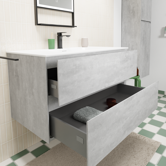 Storke Edge meuble salle de bains suspendu 95 x 52 cm béton gris foncé avec Mata plan simple en solid surface blanc mat