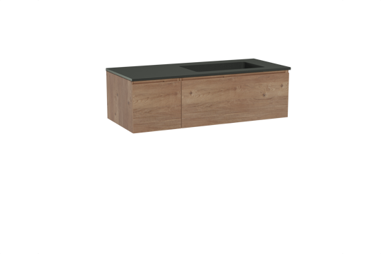 Storke Edge zwevend badmeubel 120 x 52 cm ruw eiken met Scuro asymmetrisch rechtse wastafel in kwarts mat zwart