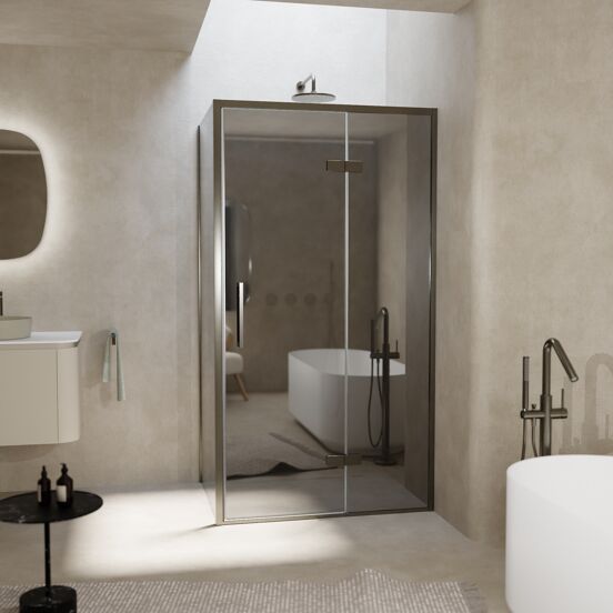 Balmani Senses Design douche en coin avec porte pivotante à droite et paroi latérale fixe, 100 x 80 cm, Miroir Reflex, Profil Brushed GunMetal, coating inclus, coating inclus