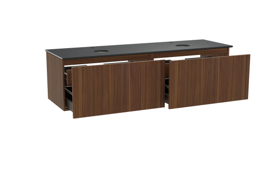 Balmani Sfera hängendes Möbelstück Set: 180 x 55 cm, Amerikanischer Nussbaum, mit Facetta Doppel Waschtischplatte, Schwarzes Granit