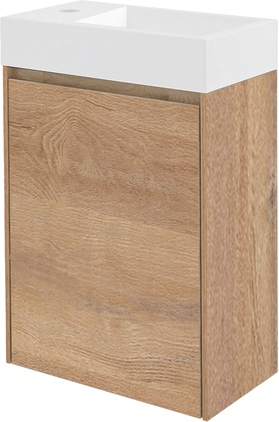 Storke Edge hängendes Badmöbel Set (Gäste WC): 40 x 22 cm, Eiche rustikal, Vida Waschtisch, Marmorkomposit, glänzend