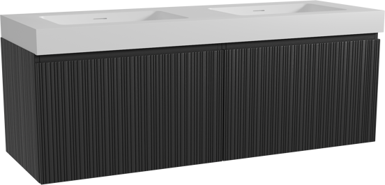 Storke Ribs zwevend badmeubel 150 x 52 cm zwart eiken met Mata High dubbele wastafel in solid surface mat wit, Verticale asymmetrische rechte ribbel