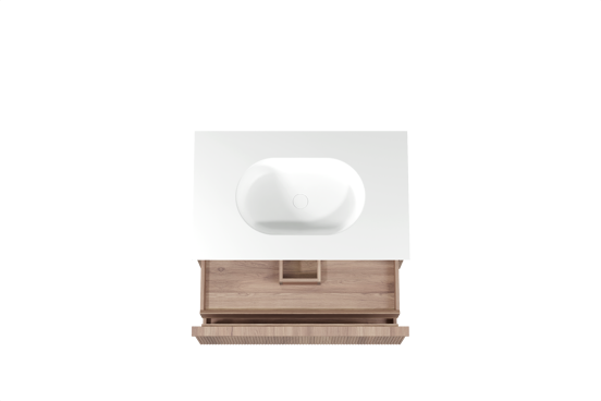 Balmani Forma zwevend badkamermeubel 90 x 55 cm teak met Tablo Oval enkele wastafel in solid surface mat wit, Verticale symmetrische rechte ribbel
