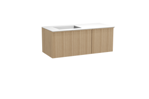 Balmani Forma hängendes Möbelstück Set: 120 x 55 cm, Naturbelassene Eiche, mit Tablo Stretto Waschtisch links, Solid Surface, Weiß matt, Vertikale asymmetrische Runde Rippe