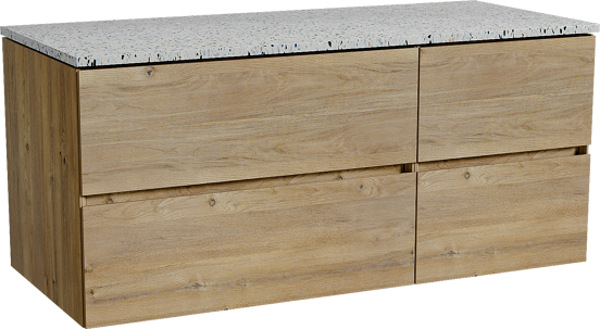 Storke Edge meuble salle de bains suspendu 120 x 52 cm chêne brut avec Tavola tablette simple ou double en blanc/noir mat terrazzo