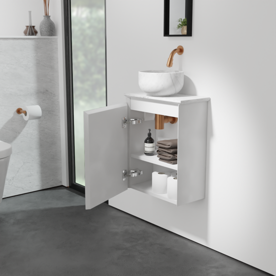 Balmani Mitra zwevend toiletmeubel 42 x 21 cm mat wit met Facetta tablet en Bowl waskom in Carrara marmer