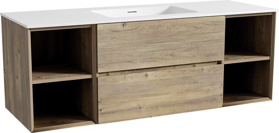 Storke Edge meuble salle de bains suspendu 145 x 52 cm chêne brut avec Mata plan simple en solid surface blanc mat