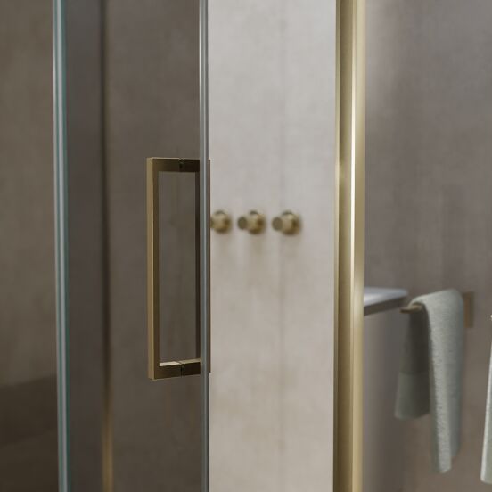 Balmani Senses Design douchehoek met linkse draaideur en vaste zijwand, 140 x 100 cm, Reflex spiegelglas, Brushed Champagne Gold profielen, met coating