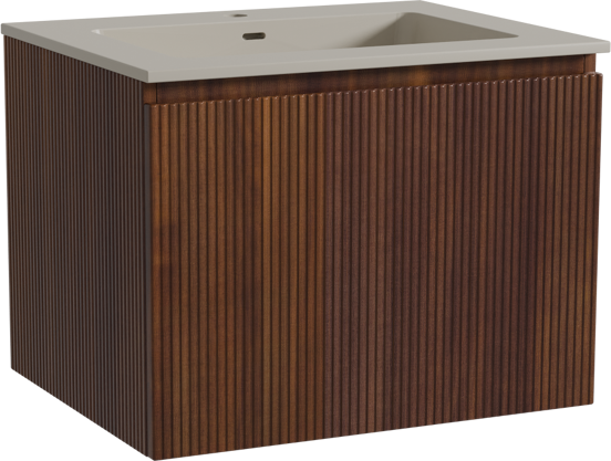 Storke Ribs zwevend badkamermeubel 65 x 52 cm notelaar met Diva enkele wastafel in top solid zijdegrijs, Verticale symmetrische rechte ribbel