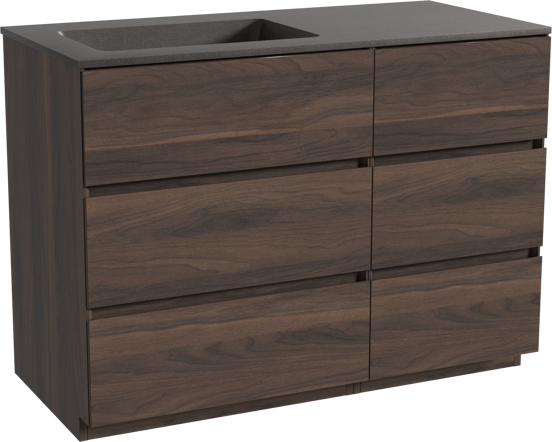 Storke Edge meuble salle de bains à poser 110 x 52 cm noyer avec Scuro vasque asymétrique gauche en quartz noir mat