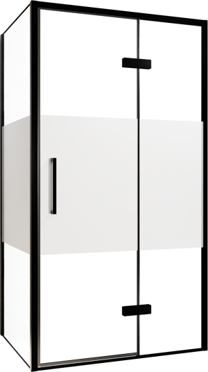 Balmani Senses Design Eckdusche: Drehtür (Rechts) mit fixierte Seitenwand, 100 x 100 cm, Klarglas mit mattiertem Streifen, Profil Schwarz